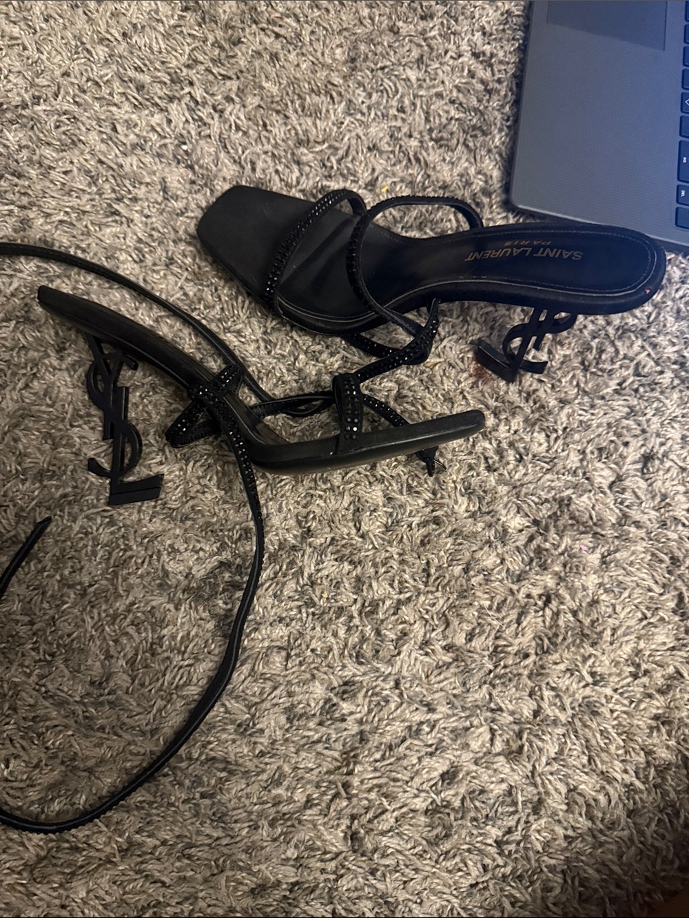 Saint Laurent Black Strappy Crystal Embellished Heels